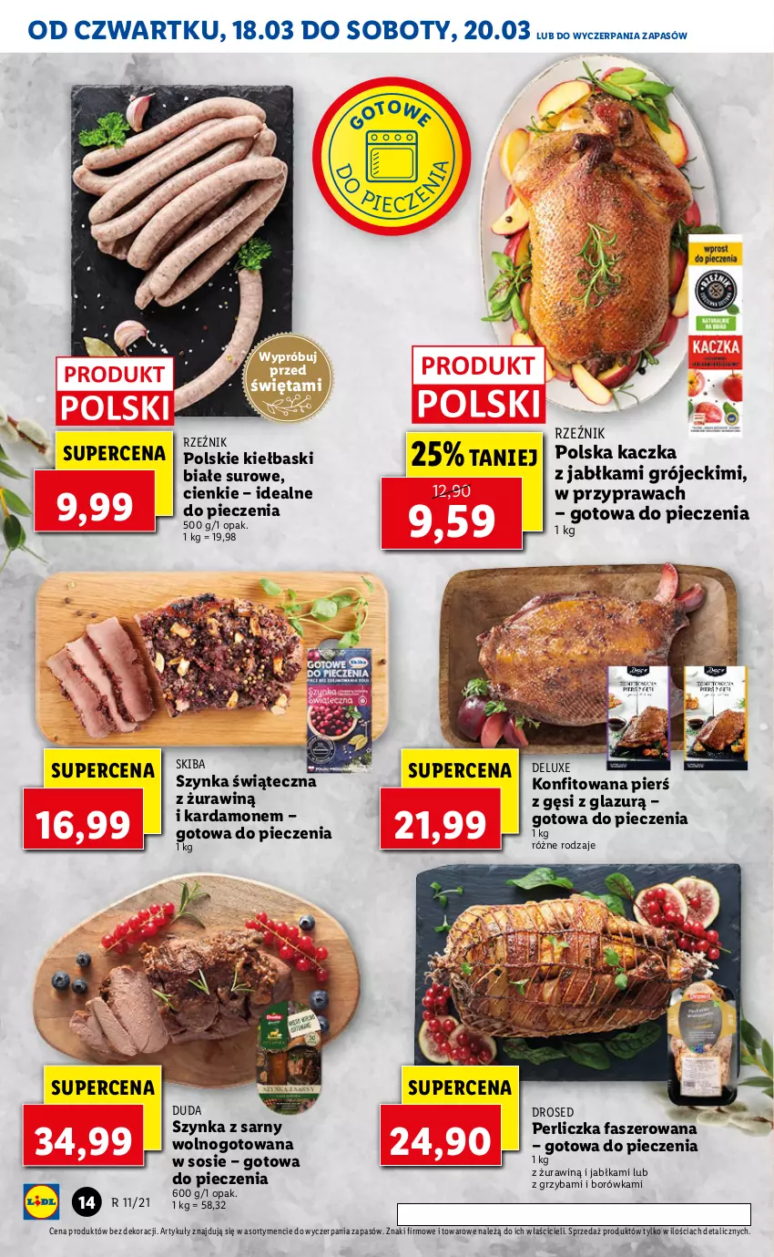 Gazetka promocyjna Lidl - GAZETKA - ważna 18.03 do 20.03.2021 - strona 14 - produkty: Borówka, Duda, Fa, Jabłka, Kaczka, Kiełbaski białe, Lazur, Perliczka, Piec, Sos, Szynka