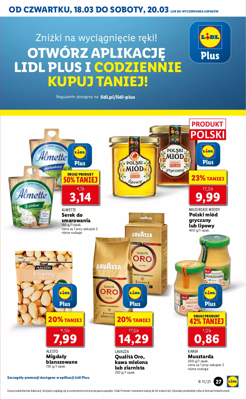 Gazetka promocyjna Lidl - GAZETKA - ważna 18.03 do 20.03.2021 - strona 27 - produkty: Almette, Gry, Kawa, Kawa mielona, Lavazza, Migdały, Miód, Mus, Musztarda, Ser, Serek