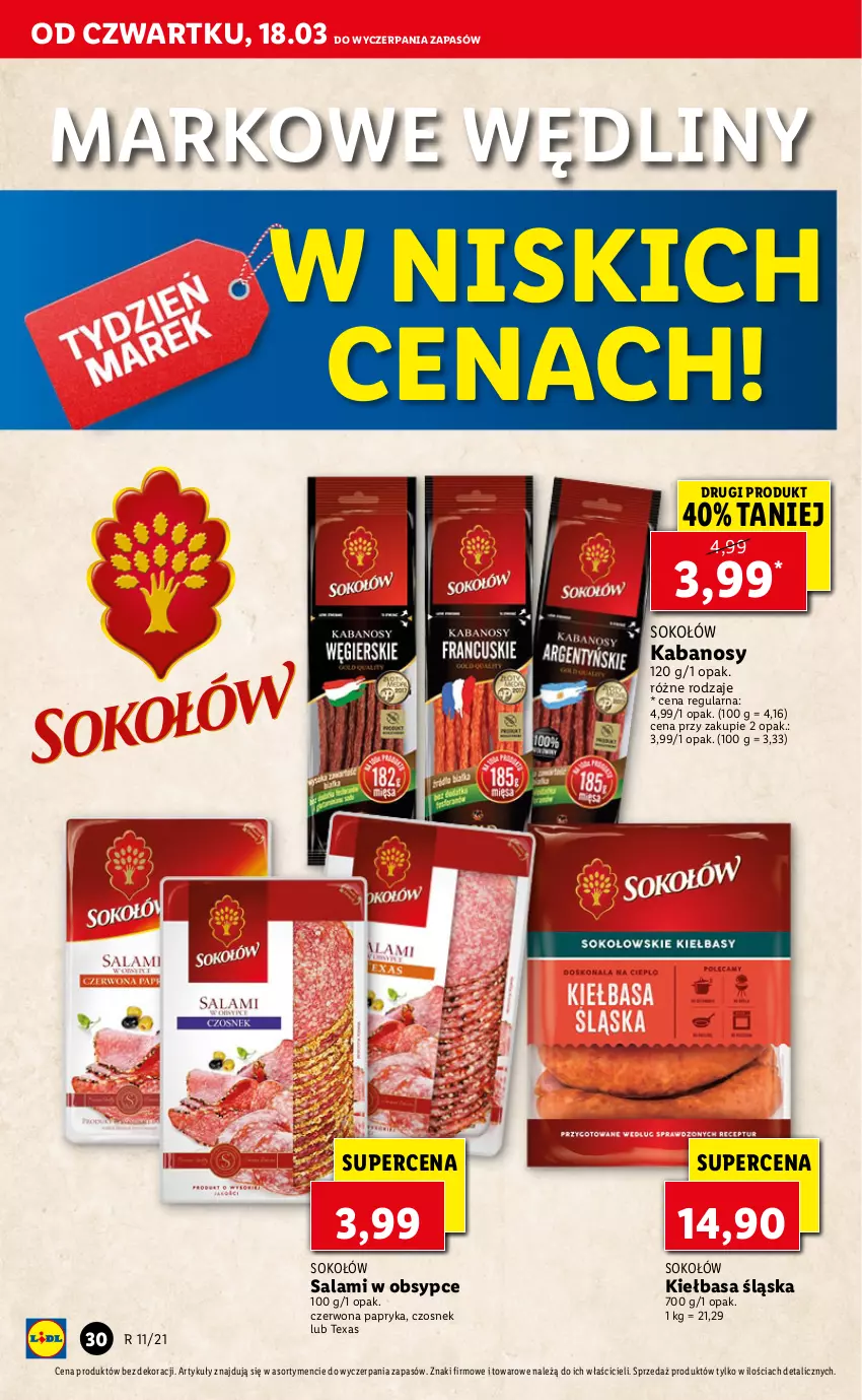 Gazetka promocyjna Lidl - GAZETKA - ważna 18.03 do 20.03.2021 - strona 30 - produkty: Czosnek, Kabanos, Kiełbasa, Kiełbasa śląska, Papryka, Salami, Sok, Sokołów