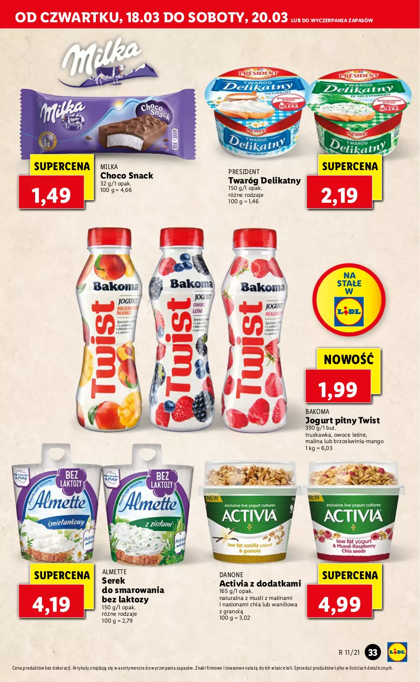 Gazetka promocyjna Lidl - GAZETKA - ważna 18.03 do 20.03.2021 - strona 33 - produkty: Activia, Almette, Bakoma, Chia, Danone, Gra, Jogurt, Jogurt pitny, Mango, Milka, Mus, Owoce, Ser, Serek, Twaróg, Twaróg delikatny