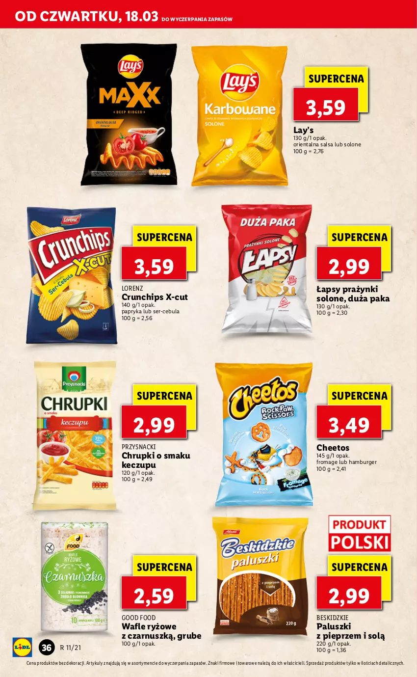 Gazetka promocyjna Lidl - GAZETKA - ważna 18.03 do 20.03.2021 - strona 36 - produkty: Beskidzki, Beskidzkie paluszki, Burger, Cebula, Cheetos, Chrupki, Crunchips, Hamburger, Lay’s, Lorenz, Papryka, Pieprz, Przysnacki, Ryż, Salsa, Ser