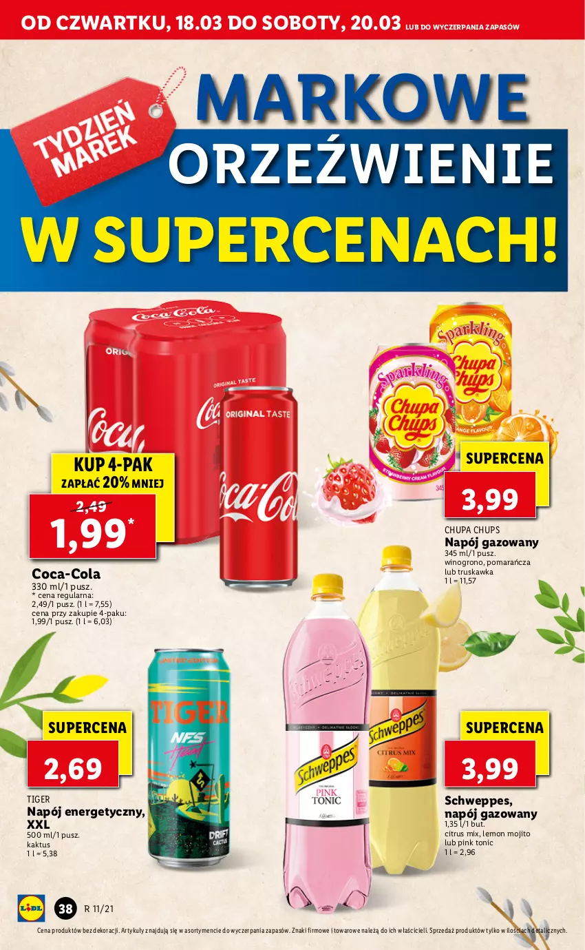 Gazetka promocyjna Lidl - GAZETKA - ważna 18.03 do 20.03.2021 - strona 38 - produkty: Chupa Chups, Coca-Cola, Kaktus, Napój, Napój energetyczny, Napój gazowany, Schweppes, Tiger, Wino