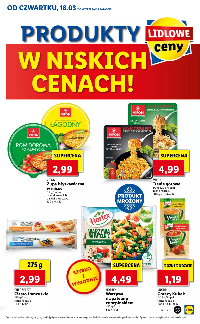 Gazetka promocyjna Lidl - GAZETKA - ważna 18.03 do 20.03.2021 - strona 55 - produkty: Ciasto francuskie, Danie gotowe, Hortex, Knorr, Kubek, Kurczak, Szpinak, Warzywa, Zupa