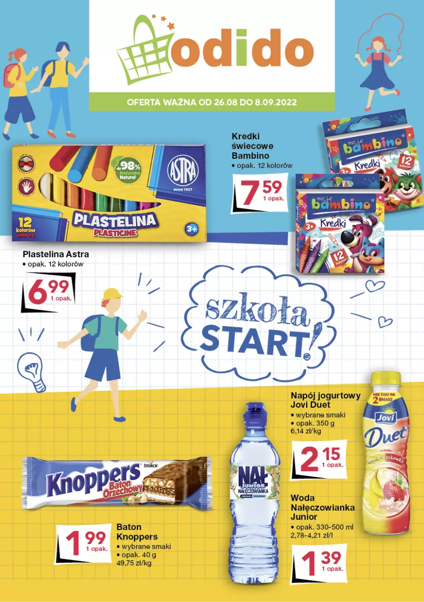 Gazetka promocyjna Odido - Szkoła START! - ważna 26.08 do 08.09.2022 - strona 1 - produkty: Baton, Jogurt, Knoppers, Nałęczowianka, Napój, Napój jogurtowy, Plastelina, Woda