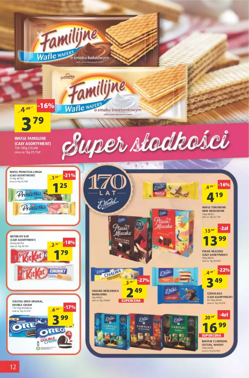 Gazetka promocyjna Arhelan - Gazetka - ważna 17.06 do 26.06.2022 - strona 12 - produkty: Baryłki, Baton, Chałwa, Ciastka, Czekolada, Fa, Gin, Kit Kat, Likier, Mleczko, Oreo, Princessa, Ptasie mleczko, Wafle, Whisky