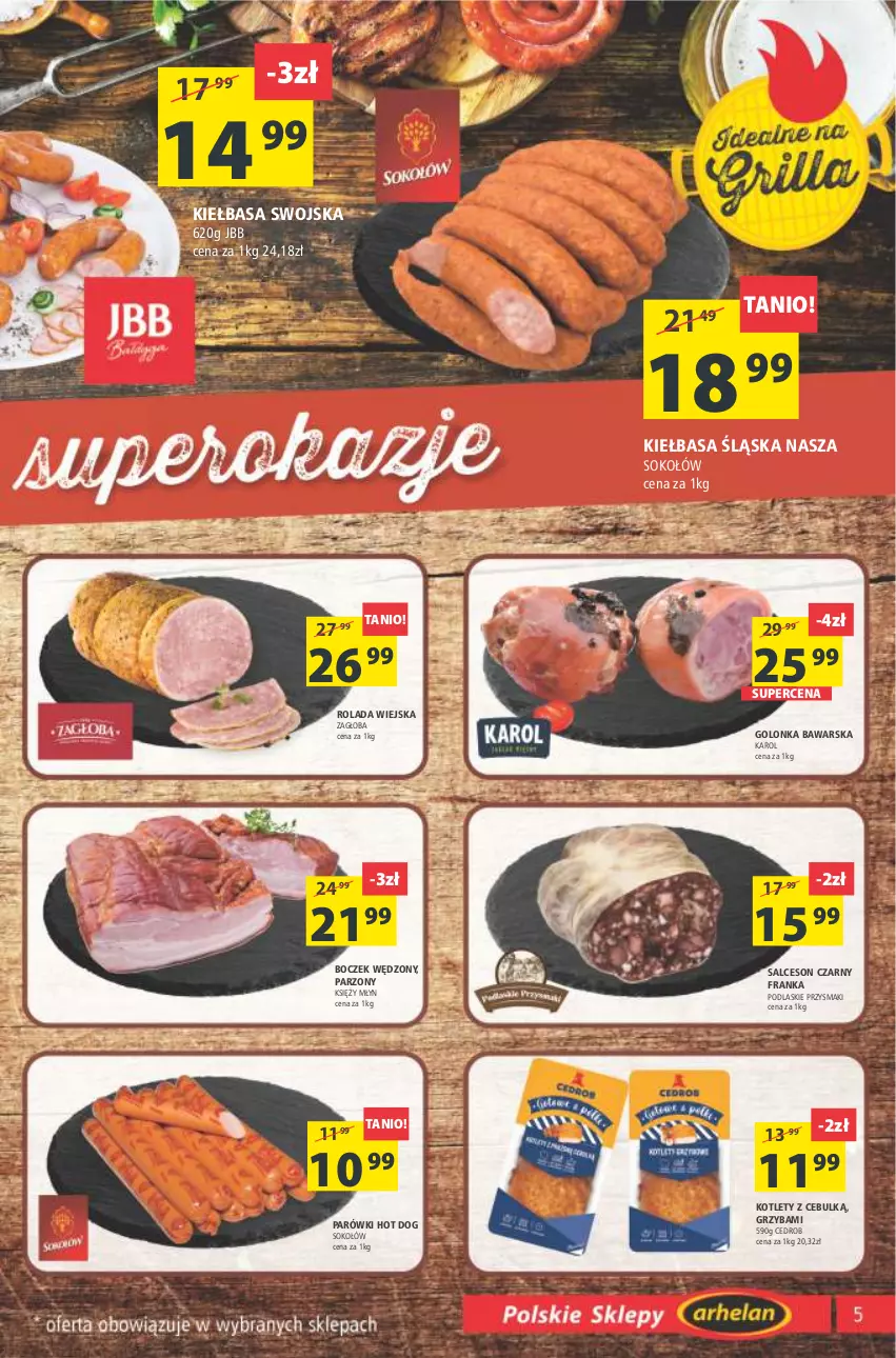 Gazetka promocyjna Arhelan - Gazetka - ważna 17.06 do 26.06.2022 - strona 5 - produkty: Boczek, Hot dog, Kiełbasa, Kiełbasa śląska, Kotlet, Parówki, Parówki hot dog, Podlaski, Przysmaki, Rolada, Salceson, Sok, Sokołów