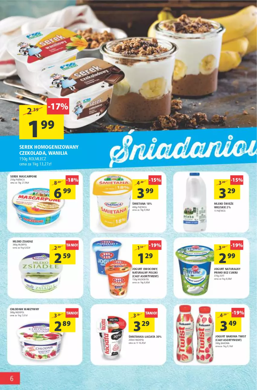 Gazetka promocyjna Arhelan - Gazetka - ważna 17.06 do 26.06.2022 - strona 6 - produkty: Bakoma, Czekolada, Jogurt, Jogurt naturalny, Jogurt owocowy, Mascarpone, Mleko, Mleko zsiadłe, Mlekovita, Piątnica, Rolmlecz, Ser, Serek, Serek homogenizowany, Vita C, Zott