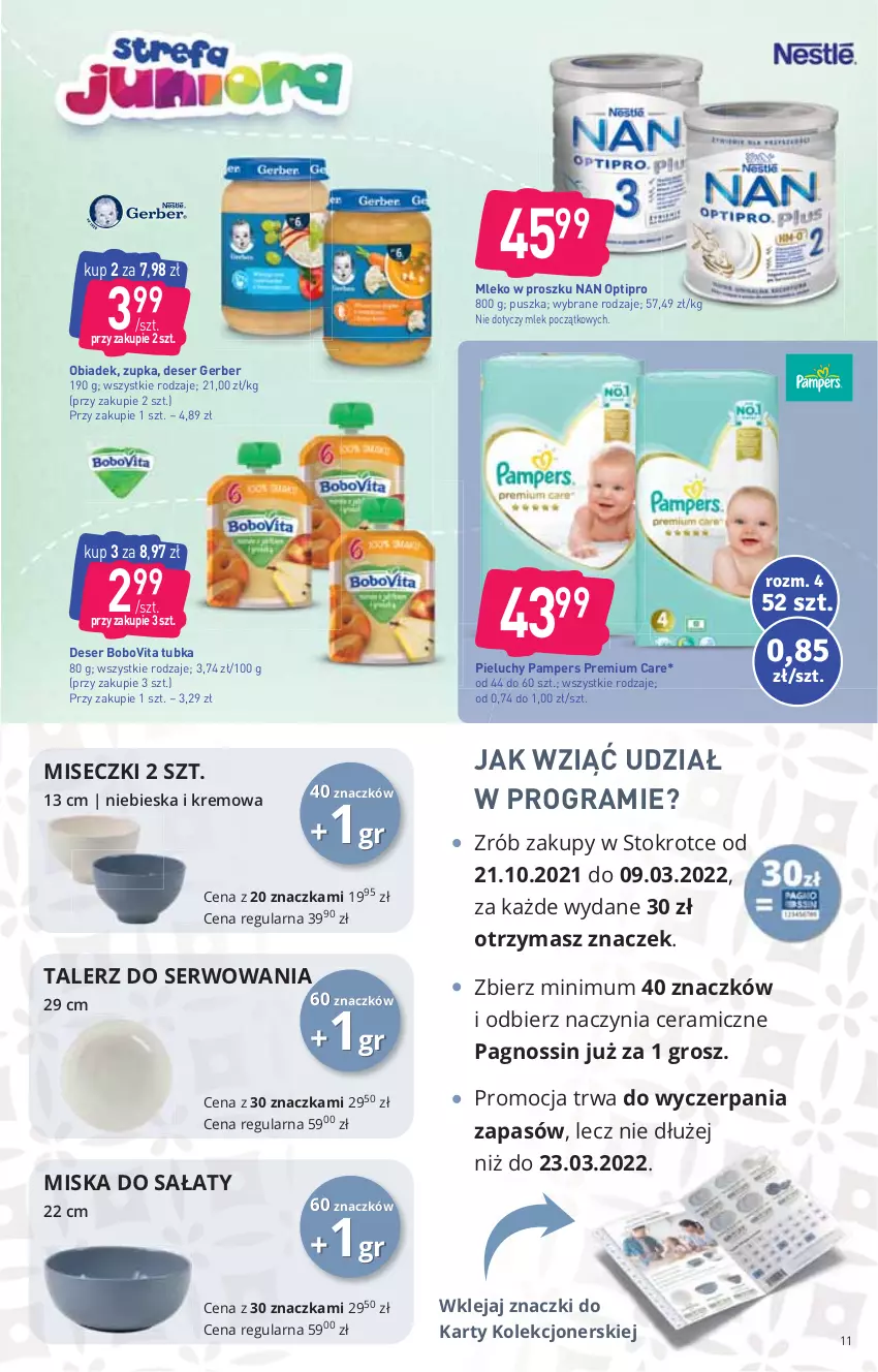 Gazetka promocyjna Stokrotka - Supermarket - ważna 04.11 do 09.11.2021 - strona 11 - produkty: BoboVita, Deser, Gerber, Gra, Klej, Mleko, Mleko w proszku, NAN Optipro, Pampers, Pieluchy, Ser, Talerz