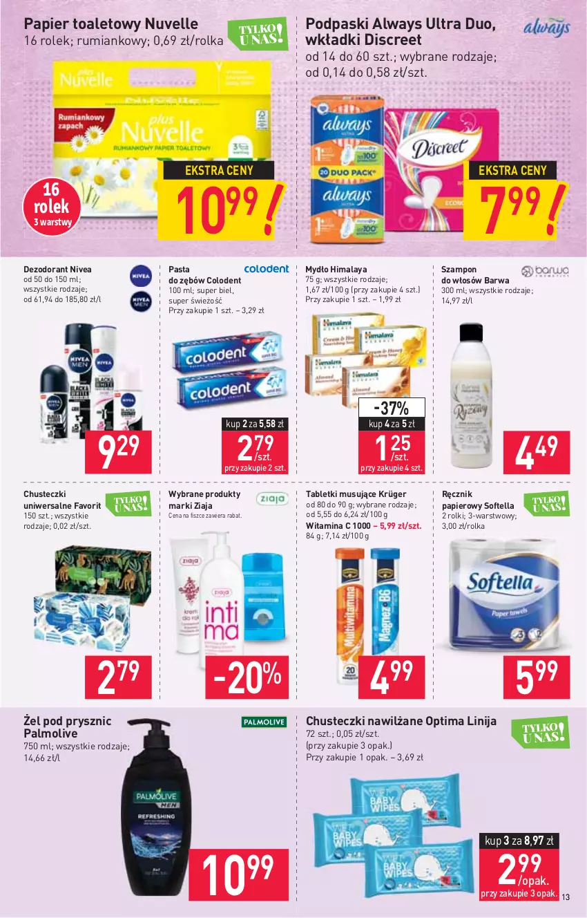 Gazetka promocyjna Stokrotka - Supermarket - ważna 04.11 do 09.11.2021 - strona 13 - produkty: Always, Always Ultra, Chusteczki, Dezodorant, Discreet, Fa, Himalaya, Mus, Mydło, Nivea, Optima, Palmolive, Papier, Papier toaletowy, Pasta do zębów, Podpaski, Ręcznik, Rolki, Rum, Szampon, Tablet, Tabletki musujące, Wkładki, Ziaja