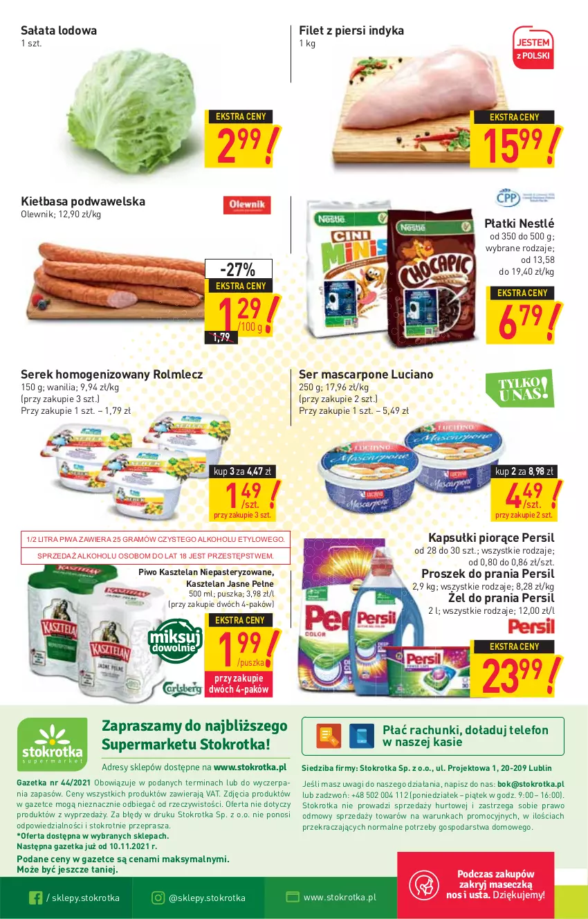 Gazetka promocyjna Stokrotka - Supermarket - ważna 04.11 do 09.11.2021 - strona 16 - produkty: Filet z piersi indyka, Gra, Kasztelan, Kiełbasa, Kiełbasa podwawelska, Mascarpone, Nestlé, O nas, Olewnik, Persil, Piwa, Piwo, Proszek do prania, Rolmlecz, Sałat, Sałata lodowa, Ser, Serek, Serek homogenizowany, Telefon, Wagi, Wawel