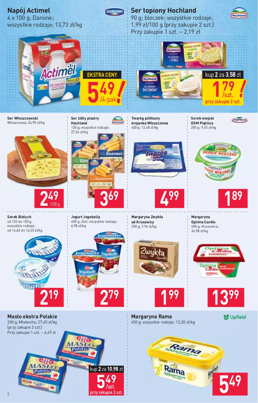 Gazetka promocyjna Stokrotka - Supermarket - ważna 04.11 do 09.11.2021 - strona 2 - produkty: Actimel, Bell, Bella, Bieluch, Danone, Hochland, Jogobella, Jogurt, Margaryna, Masło, Mleko, Mlekovita, Napój, Optima, Optima Cardio, Piątnica, Rama, Ser, Ser topiony, Serek, Serek wiejski, Top, Twaróg, Twaróg półtłusty, Włoszczowski, Zott