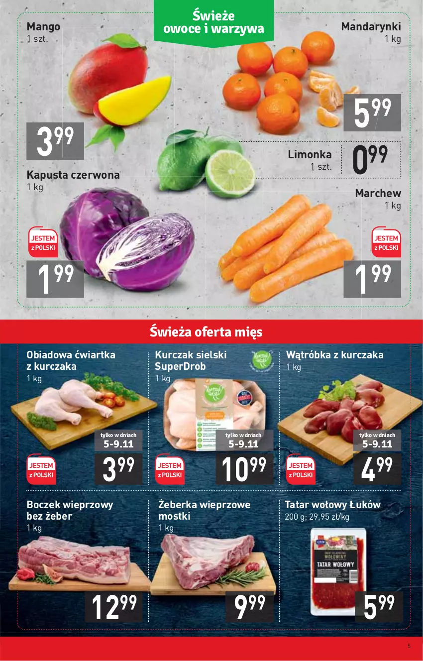 Gazetka promocyjna Stokrotka - Supermarket - ważna 04.11 do 09.11.2021 - strona 5 - produkty: Boczek, Boczek wieprzowy, Kurczak, Limonka, Mandarynki, Mango, Tatar wołowy