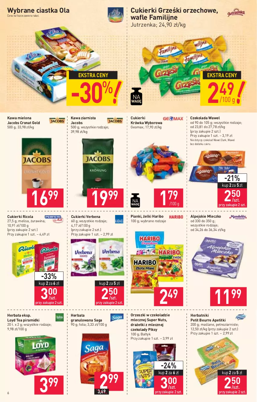 Gazetka promocyjna Stokrotka - Supermarket - ważna 04.11 do 09.11.2021 - strona 6 - produkty: Ciastka, Cukier, Cukierki, Czekolada, Fa, Gra, Grześki, Haribo, Herbata, Herbatniki, Herbatniki Petit Beurre, Jacobs, Jutrzenka, Kawa, Kawa mielona, Kawa ziarnista, Loyd, Mleczko, Orzeszki, Saga, Wafle, Wawel, Wyborowa