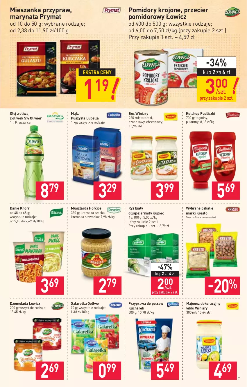 Gazetka promocyjna Stokrotka - Supermarket - ważna 04.11 do 09.11.2021 - strona 7 - produkty: Bell, Bella, Chrzan, Dżem, Gala, Galaretka, Ketchup, Knorr, Kucharek, Kupiec, Lubella, Majonez, Mąka, Mola, Mus, Musztarda, Olej, Piec, Pomidory, Pomidory krojone, Prymat, Przyprawa do potraw, Pudliszki, Ryż, Ryż biały, Sos, Winiary