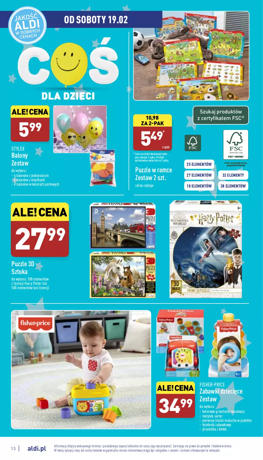 Gazetka promocyjna Aldi - Katalog Moda i Dom - ważna 14.02 do 19.02.2022 - strona 13 - produkty: Balony, Dzieci, Fisher-Price, Harry Potter, Klocki, Puzzle, Telefon