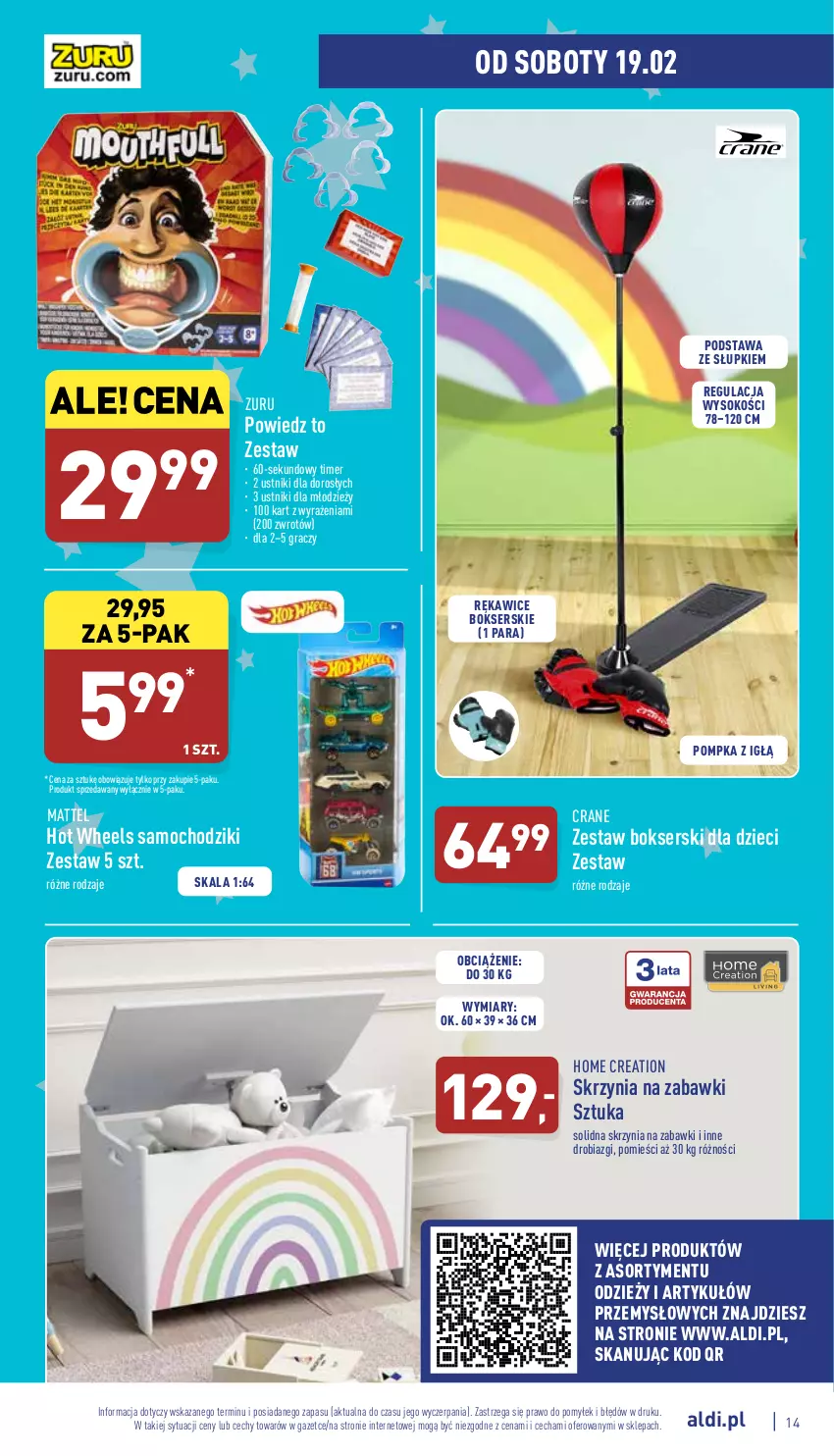 Gazetka promocyjna Aldi - Katalog Moda i Dom - ważna 14.02 do 19.02.2022 - strona 14 - produkty: Chodzik, Dzieci, Gra, Hot Wheels, Mattel, Pompka, Rękawice, Samochodziki, Ser, Sok, Ustnik, Zestaw bokserski