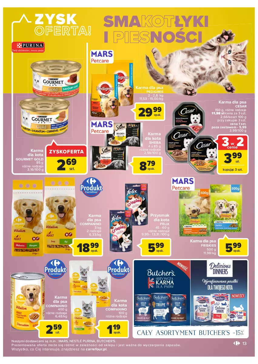 Gazetka promocyjna Carrefour - Gazetka Market - ważna 13.09 do 24.09.2022 - strona 13 - produkty: Felix, Friskies, Gourmet Gold, Kosz, Mars, Nestlé, Pedigree, Przysmak dla kota, Pur, Purina, Sheba