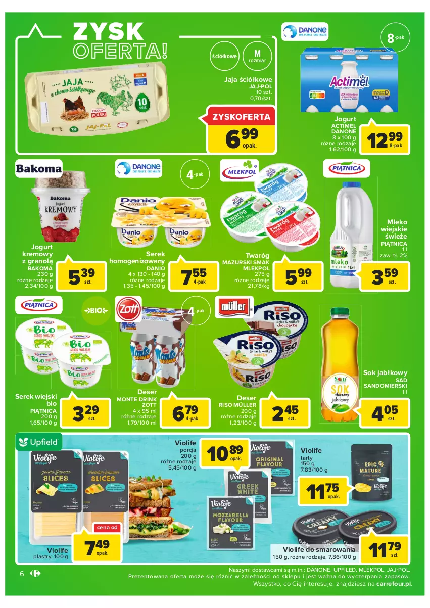 Gazetka promocyjna Carrefour - Gazetka Market - ważna 13.09 do 24.09.2022 - strona 6 - produkty: Actimel, Bakoma, Danio, Danone, Deser, Gra, Jaja, Jogurt, Mleko, Monte, Müller, Piątnica, Por, Ser, Serek, Serek homogenizowany, Serek wiejski, Sok, Sok jabłkowy, Twaróg, Zott