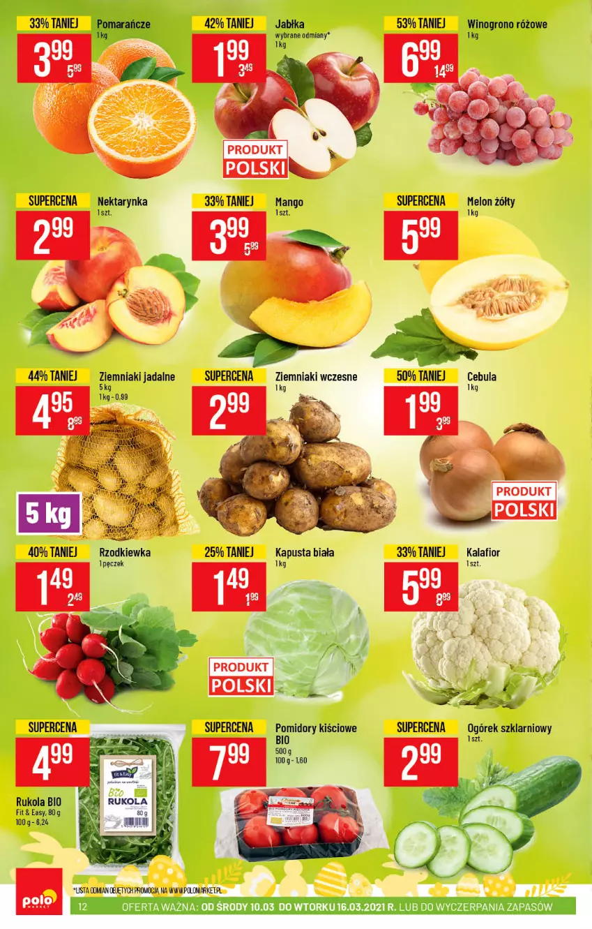 Gazetka promocyjna PoloMarket - Gazetka promocyjna  r - ważna 10.03 do 16.03.2021 - strona 12 - produkty: Cebula, Jabłka, Kalafior, Mango, Melon, Ogórek, Rzodkiewka, Wino, Ziemniaki