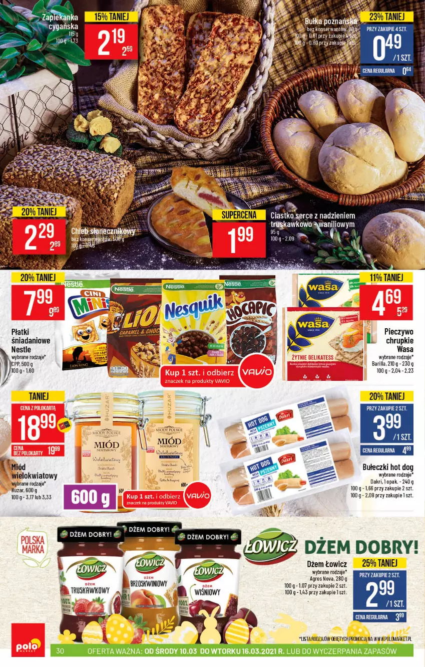 Gazetka promocyjna PoloMarket - Gazetka promocyjna  r - ważna 10.03 do 16.03.2021 - strona 30 - produkty: Barilla, Chrupki, Danio, Dżem, Hot dog, Miód, Mus, Mysz, Piec, Pieczywo, Ser, Wasa