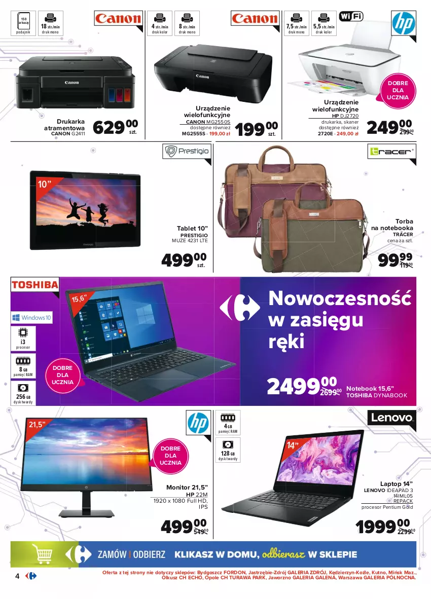 Gazetka promocyjna Carrefour - Gazetka Multimedia - ważna 16.08 do 04.09.2021 - strona 4 - produkty: Acer, Canon, Drukarka, HP, Lenovo, Monitor, Notebook, Pentium, Procesor, Skaner, Tablet, Top, Torba, Toshiba, Urządzenie wielofunkcyjne