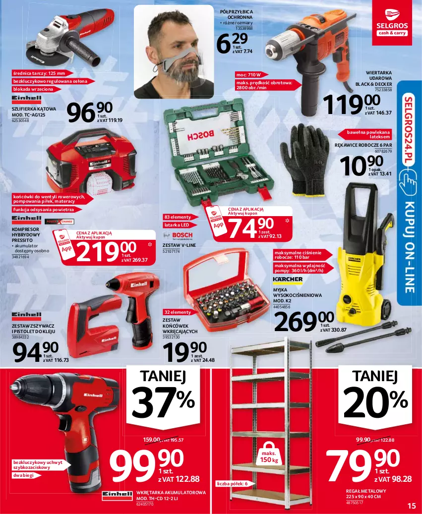 Gazetka promocyjna Selgros - Oferta przemysłowa - ważna 18.02 do 24.02.2021 - strona 15 - produkty: Akumulator, BIC, K2, Klej, Koc, Kompresor, Lack, Latarka, Latarka LED, Materac, Pistolet, Regał, Regał metalowy, Rękawice, Rękawice robocze, Rower, Sito, Sok, Szlifierka, Szlifierka kątowa, Tarka, Tera, Wełna, Wiertarka, Wiertarka udarowa, Wkręt, Wkrętarka, Zestaw końcówek