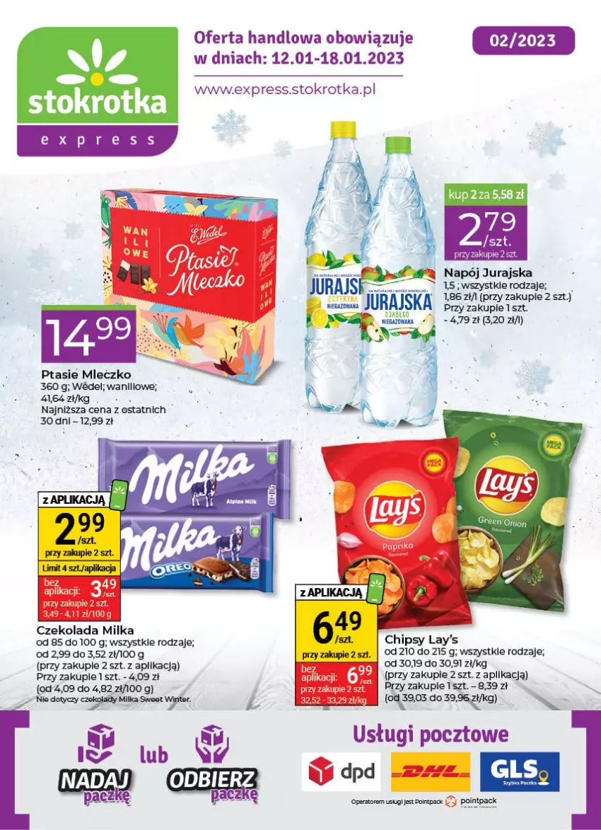 Gazetka promocyjna Stokrotka - Stokrotka Express - ważna 12.01 do 18.01.2023 - strona 1 - produkty: Chipsy, Czekolada, Milka, Mleczko, Ptasie mleczko