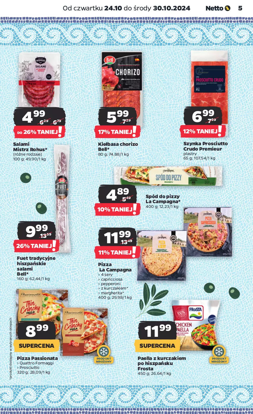 Gazetka promocyjna Netto - Artykuły spożywcze - ważna 24.10 do 30.10.2024 - strona 5 - produkty: Bell, Frosta, Kiełbasa, Kurczak, Maggi, Pizza, Prosciutto, Salami, Ser, Spód do pizzy, Szynka