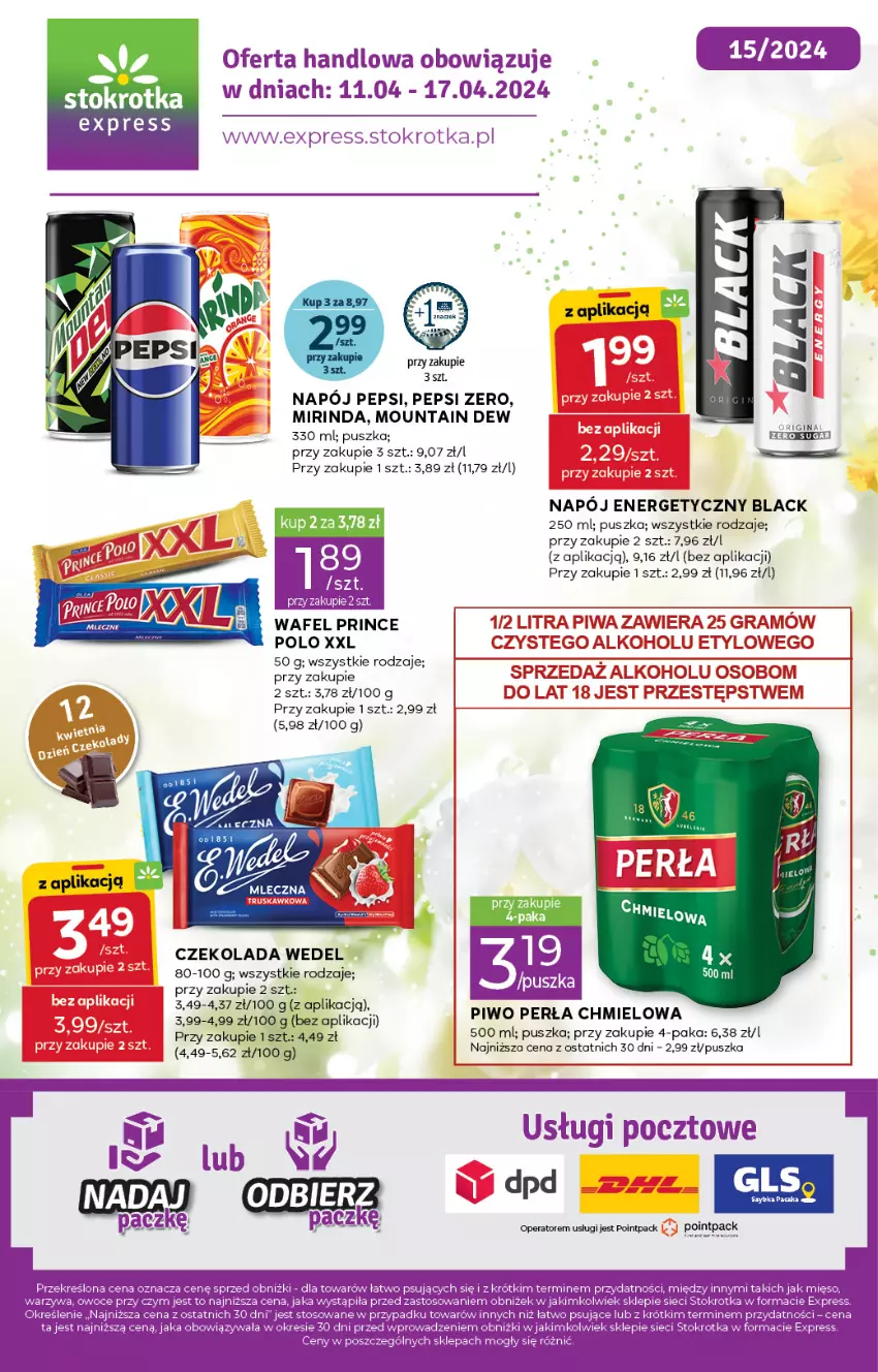 Gazetka promocyjna Stokrotka - Stokrotka Express - ważna 11.04 do 17.04.2024 - strona 1 - produkty: Czekolada, Lack, Mirinda, Napój, Napój energetyczny, Owoce, Pepsi, Perła, Piwo, Warzywa