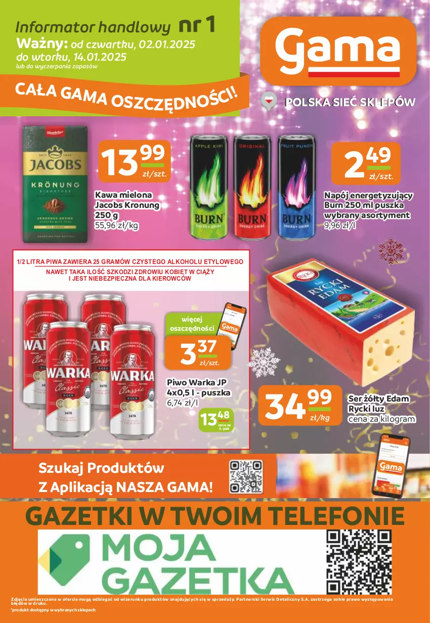 Gazetka promocyjna Gama - Gazetka Gama - ważna 02.01 do 14.01.2025 - strona 12 - produkty: Edam, Gra, Jacobs, Kawa, Kawa mielona, Napój, Piec, Piwa, Piwo, Ser, Telefon, Warka