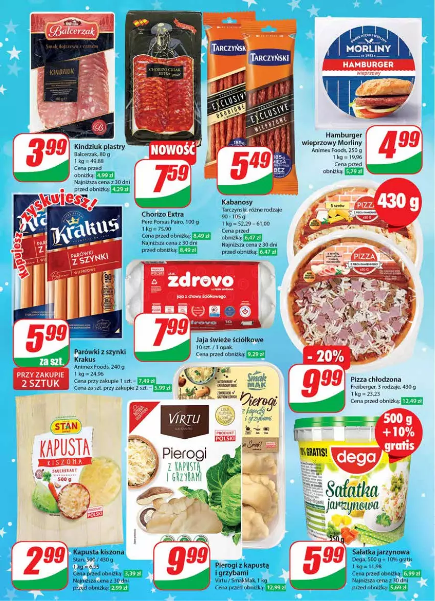 Gazetka promocyjna Dino - Gazetka 49 - ważna 05.12 do 12.12.2023 - strona 18 - produkty: Burger, Dega, Gra, Hamburger, Jaja, Kabanos, Kapustą, Kindziuk, Krakus, Morliny, Parówki, Parówki z szynki, Pierogi, Pizza, Por, Sałat, Sałatka, Tarczyński, Virtu