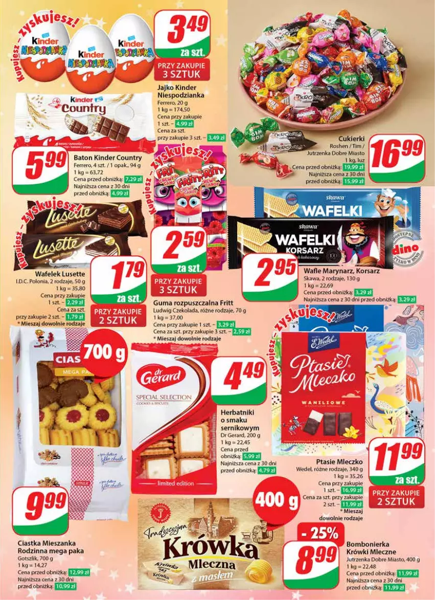 Gazetka promocyjna Dino - Gazetka 49 - ważna 05.12 do 12.12.2023 - strona 3 - produkty: Baton, Ciastka, Cukier, Cukierki, Czekolada, Ferrero, Guma rozpuszczalna, Herbatniki, Jutrzenka, Kawa, Kinder, Krówki mleczne, Mleczko, Ptasie mleczko, Ser, Wafelek, Wafle