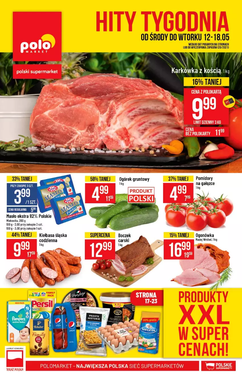 Gazetka promocyjna PoloMarket - Gazetka promocyjna  r - ważna 12.05 do 18.05.2021 - strona 1 - produkty: Boczek, Grunt, Kiełbasa, Kiełbasa śląska, Madej Wróbel, Masło, Mleko, Mlekovita, Ogonówka, Ogórek, Pomidory