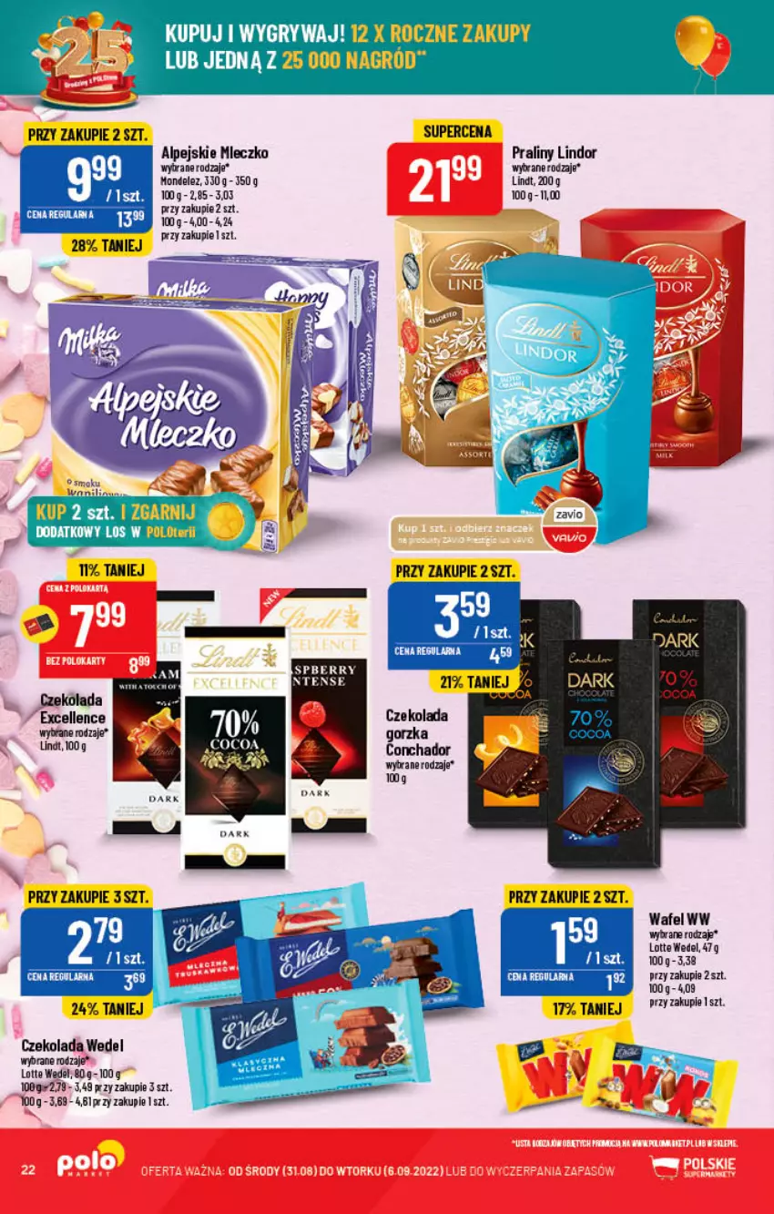 Gazetka promocyjna PoloMarket - Gazetka pomocyjna - ważna 31.08 do 06.09.2022 - strona 22 - produkty: Czekolada, Lindor, Lindt, Mleczko, Praliny