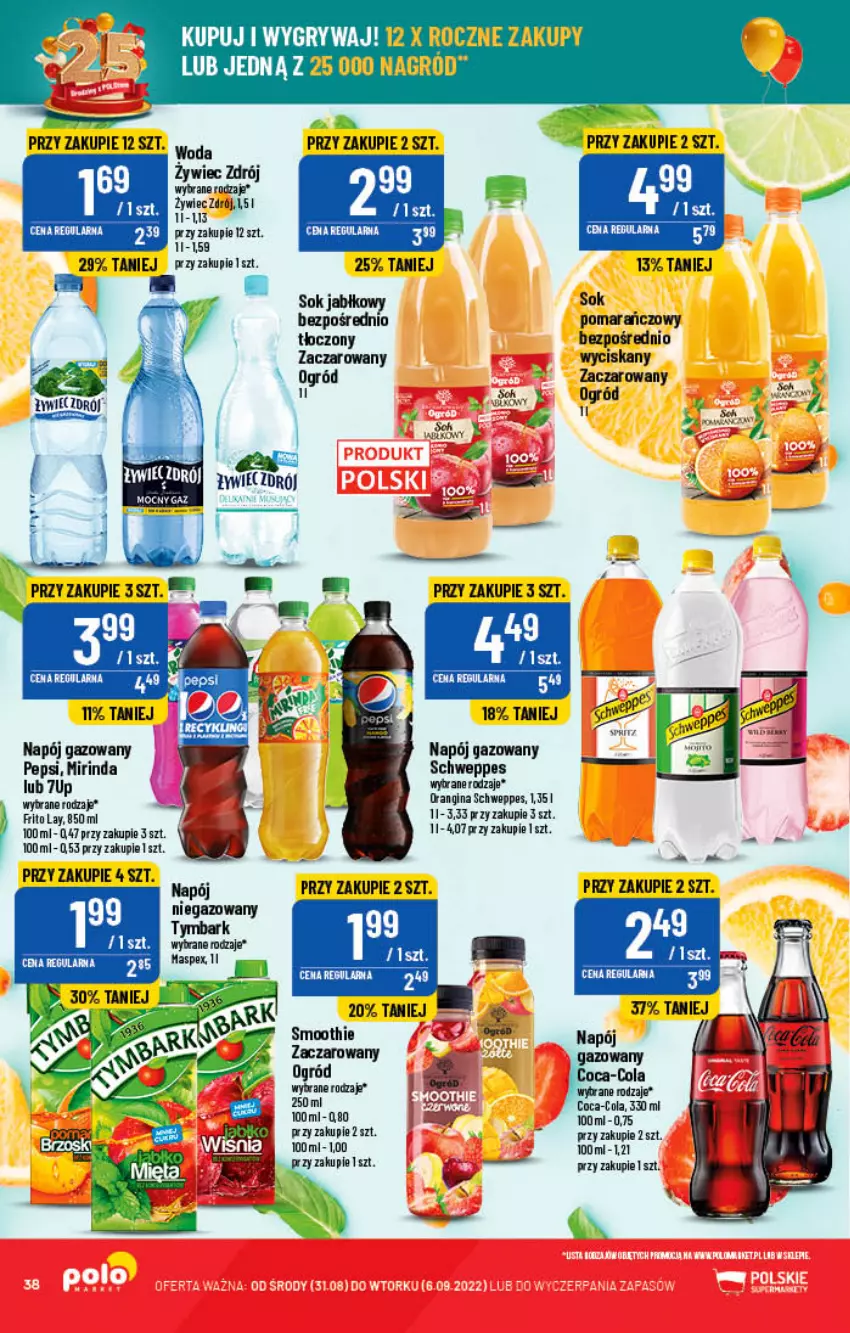 Gazetka promocyjna PoloMarket - Gazetka pomocyjna - ważna 31.08 do 06.09.2022 - strona 38 - produkty: 7up, Coca-Cola, Gin, Gry, Mirinda, Napój, Napój gazowany, Ogród, Pepsi, Schweppes, Sok, Sok jabłkowy, Woda