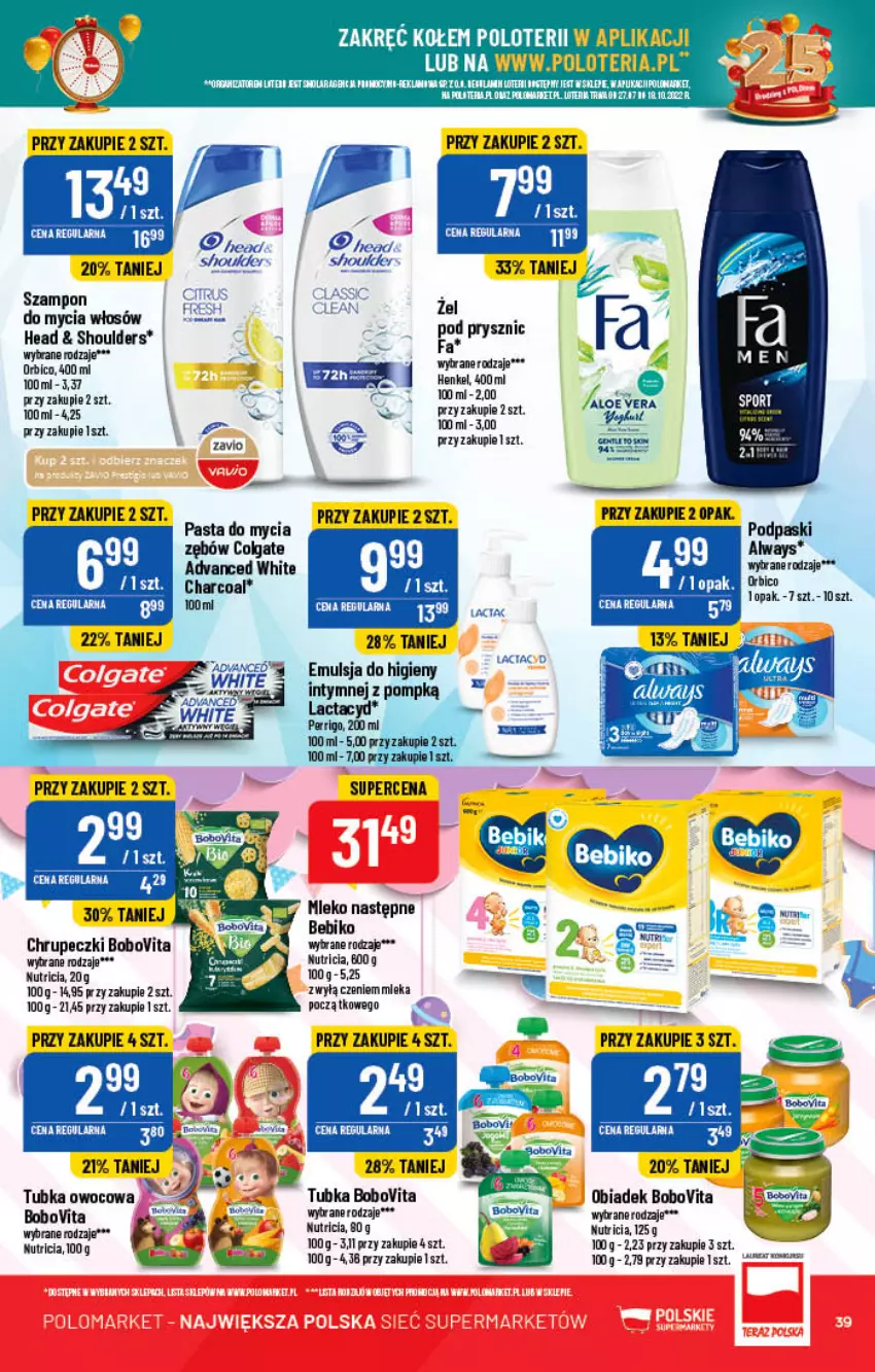 Gazetka promocyjna PoloMarket - Gazetka pomocyjna - ważna 31.08 do 06.09.2022 - strona 39 - produkty: Always, BIC, BoboVita, Colgate, Emulsja, Fa, LG, Mleko, O nas, Podpaski, Szampon