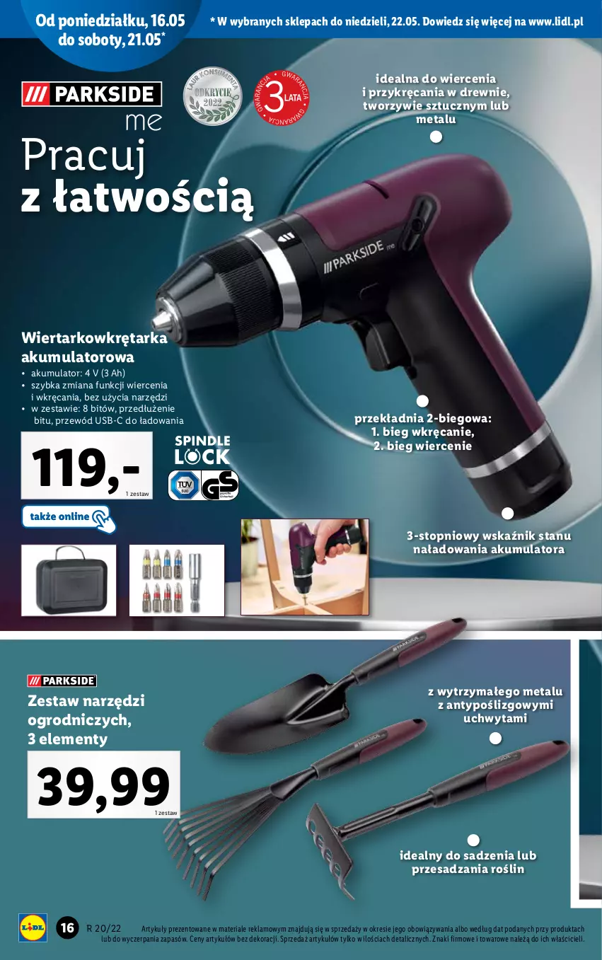 Gazetka promocyjna Lidl - GAZETKA - ważna 16.05 do 22.05.2022 - strona 16 - produkty: Akumulator, Przewód, Tarka, Top, Wiertarkowkrętarka, Wkręt, Wkrętarka, Zestaw narzędzi