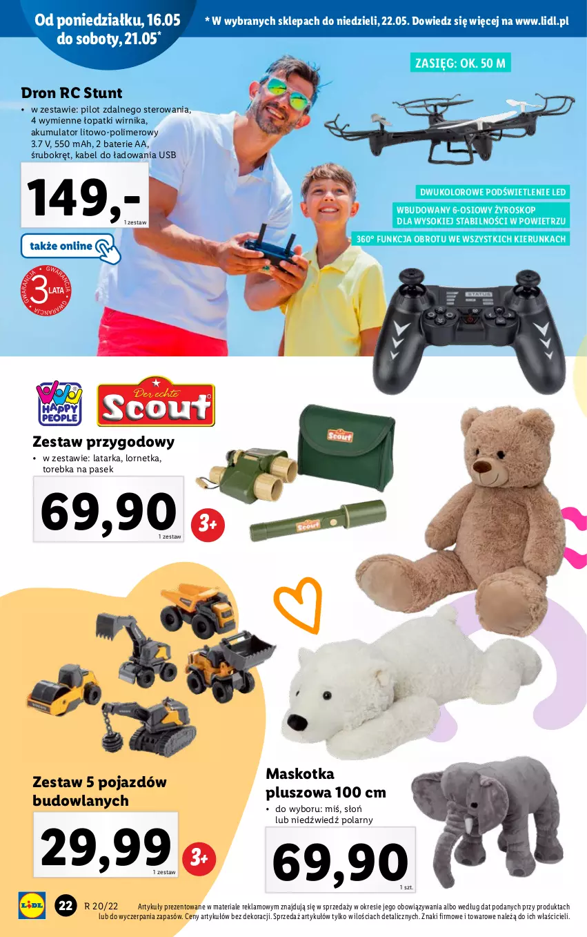 Gazetka promocyjna Lidl - GAZETKA - ważna 16.05 do 22.05.2022 - strona 22 - produkty: Akumulator, Dron, Latarka, Lornetka, Maskotka pluszowa, Pasek, Pojazd, Sok, Tarka, Torebka