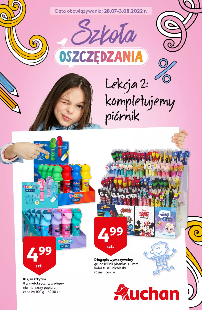 Gazetka promocyjna Auchan - Szkoła oszczędzania Hipermarkety - ważna 26.07 do 03.08.2022 - strona 1 - produkty: Długopis, Klej, Mars, Papier, Piórnik, Tusz