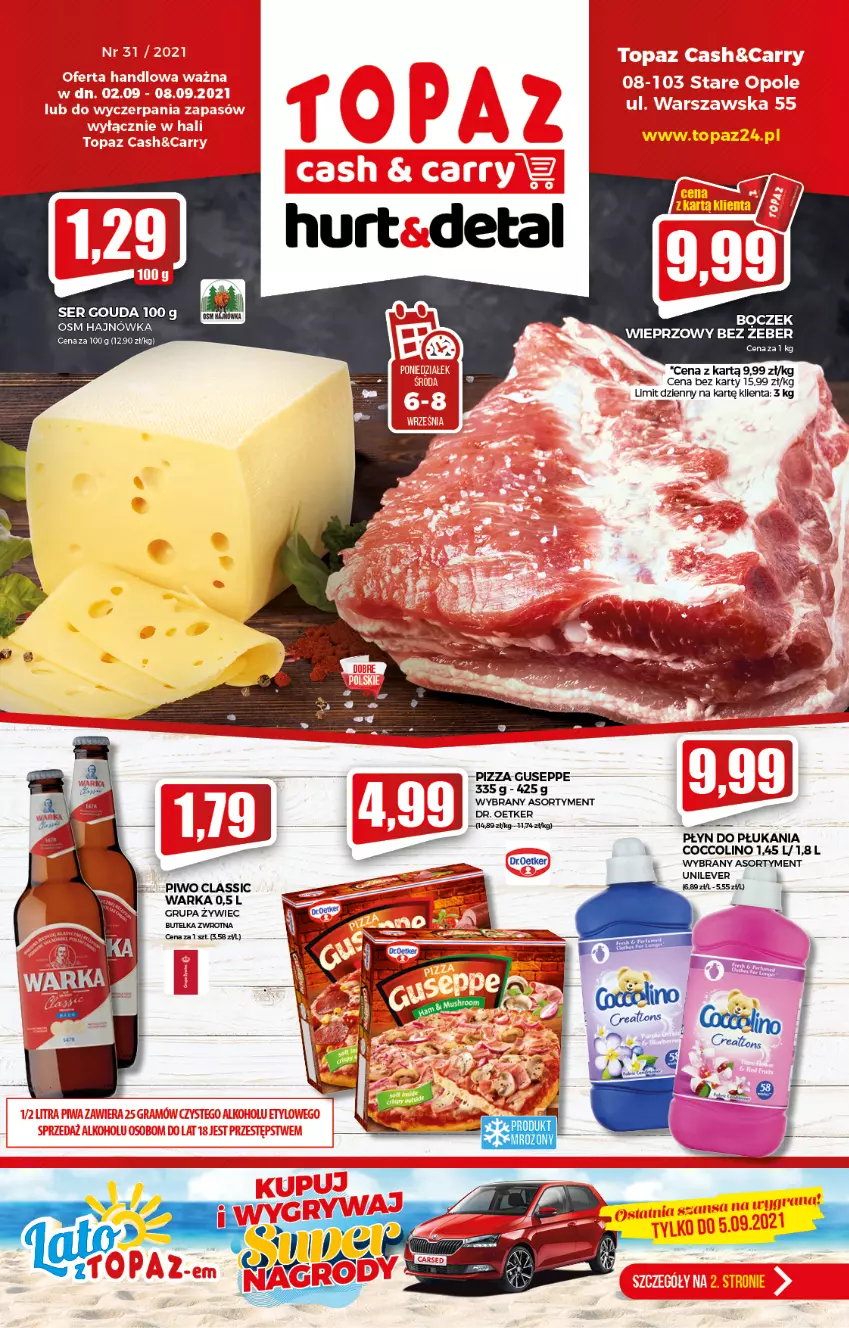 Gazetka promocyjna Topaz - Gazetka - ważna 02.09 do 08.09.2021 - strona 1 - produkty: Boczek, Boczek wieprzowy, Coccolino, Dr. Oetker, Gouda, Piwo, Pizza, Płyn do płukania, Ser, Warka