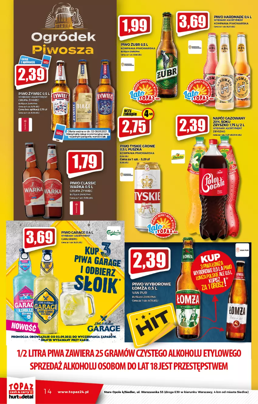 Gazetka promocyjna Topaz - Gazetka - ważna 02.09 do 08.09.2021 - strona 14 - produkty: Carlsberg, Napój, Napój gazowany, Ogród, Piwo, Pur, Sok, Tyskie, Warka