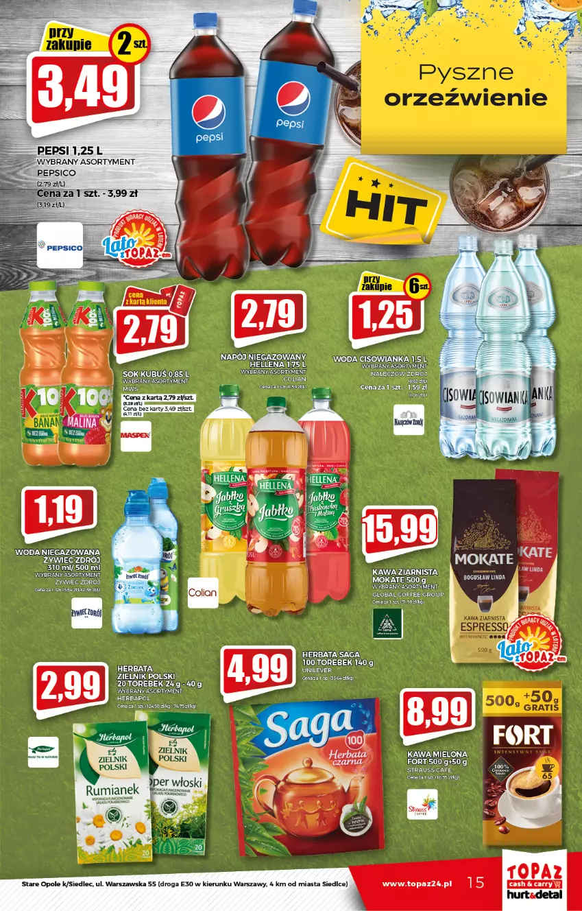 Gazetka promocyjna Topaz - Gazetka - ważna 02.09 do 08.09.2021 - strona 15 - produkty: Herbapol, Herbata, Kawa, Kawa mielona, Kawa ziarnista, Kubuś, Napój, Pepsi, Por, Rum, Saga, Sok, Top, Woda, Woda niegazowana