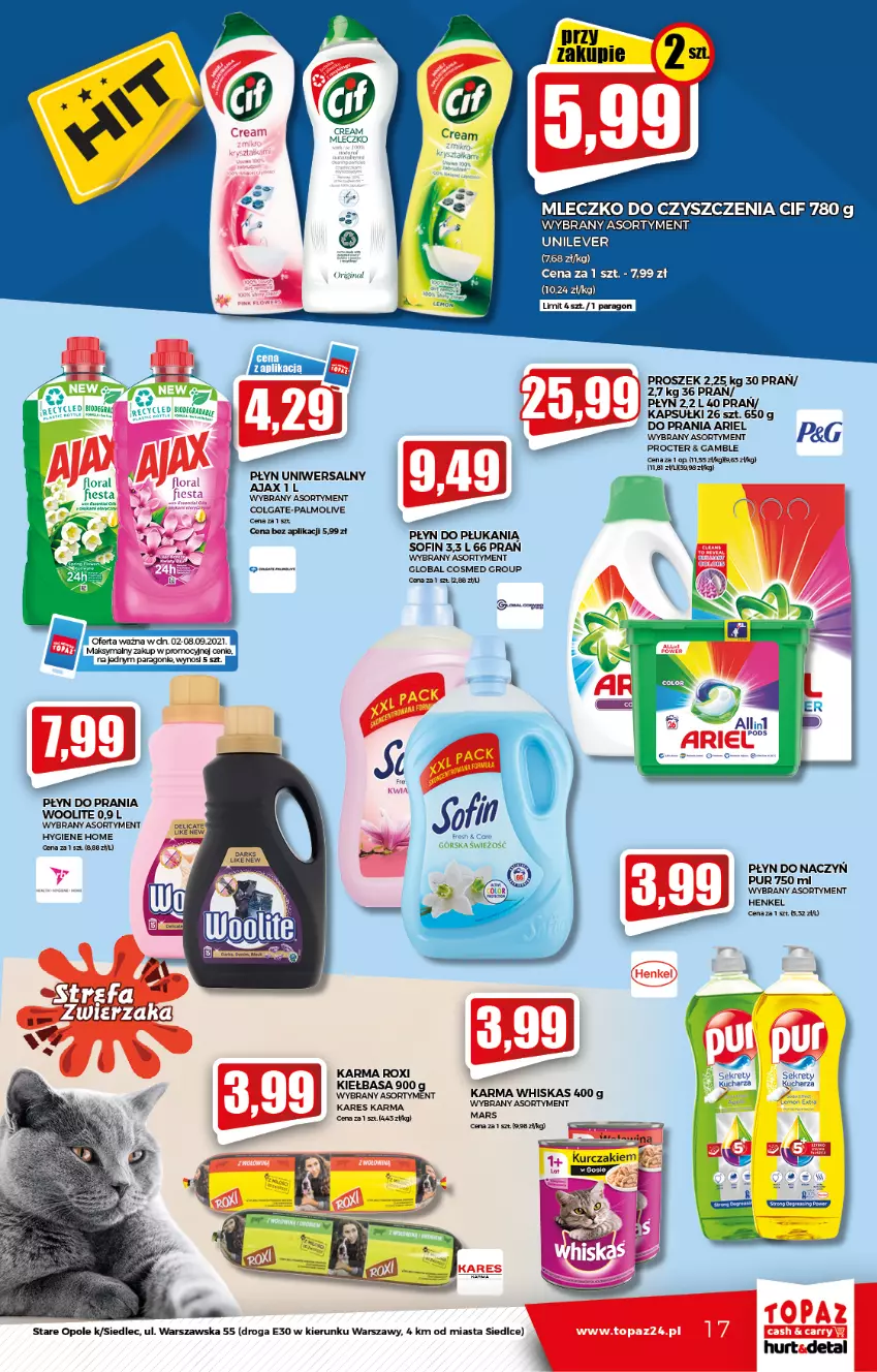 Gazetka promocyjna Topaz - Gazetka - ważna 02.09 do 08.09.2021 - strona 17 - produkty: Ajax, Ariel, Cif, Colgate, Gin, Kurczak, LG, Mars, Mleczko, Palmolive, Płyn do płukania, Płyn do prania, Pur, Whiskas, Woolite