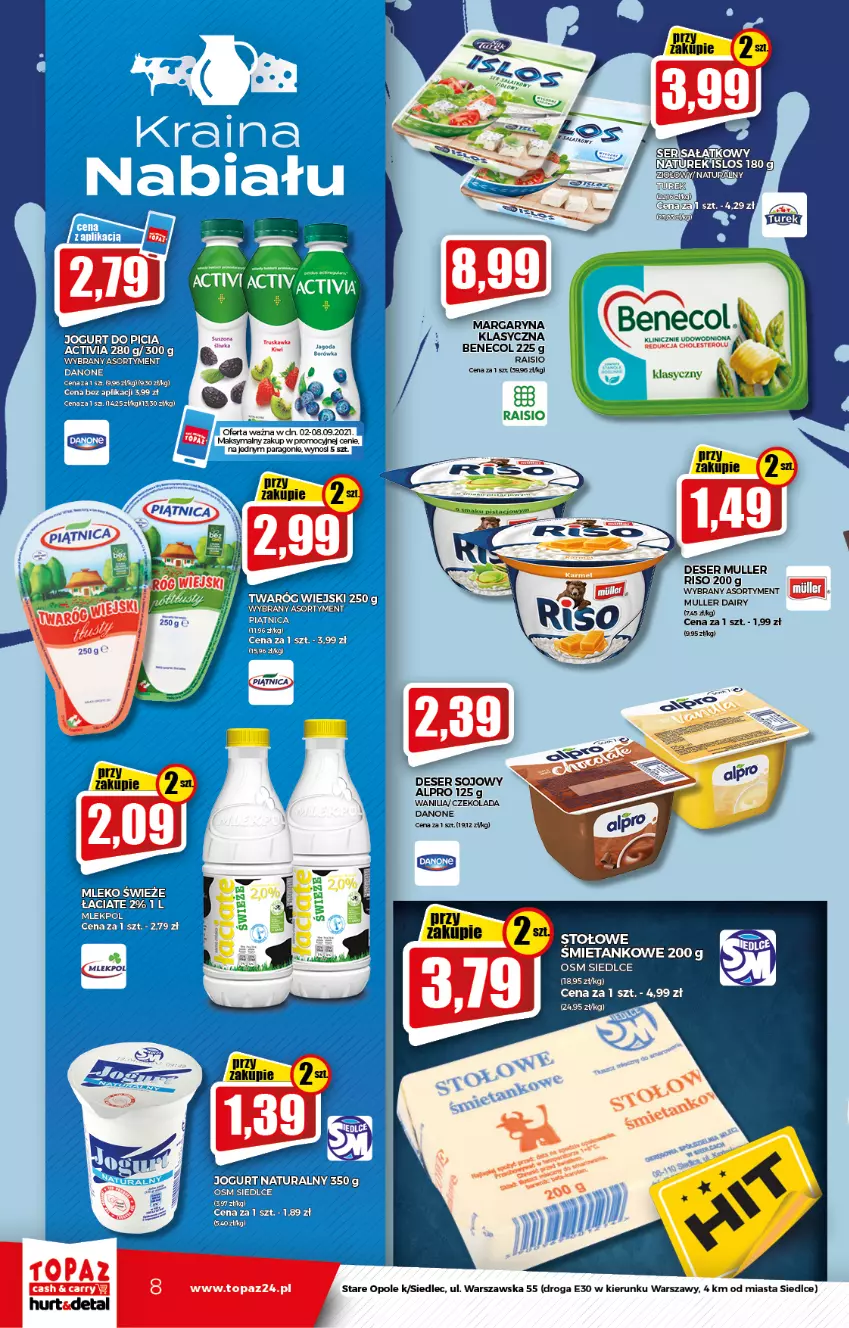 Gazetka promocyjna Topaz - Gazetka - ważna 02.09 do 08.09.2021 - strona 8 - produkty: Benecol, Danone, Jogurt, Jogurt naturalny, Mleko, Piątnica, Top, Twaróg