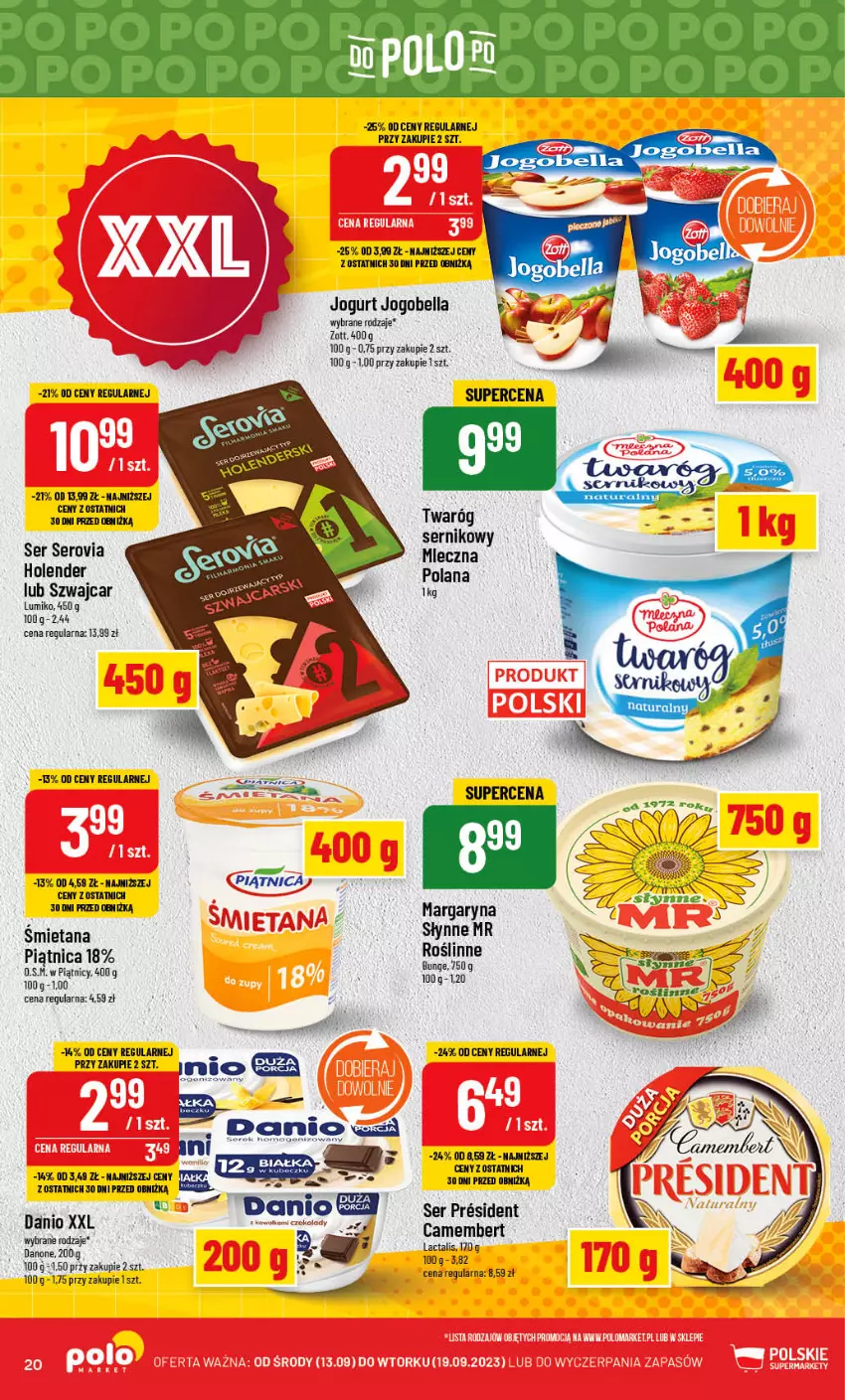 Gazetka promocyjna PoloMarket - Gazetka pomocyjna - ważna 13.09 do 19.09.2023 - strona 20 - produkty: Bell, Bella, Camembert, Danio, Danone, Jogobella, Jogurt, LANA, Margaryna, Piątnica, Ser, Słynne, Słynne MR Roślinne, Twaróg