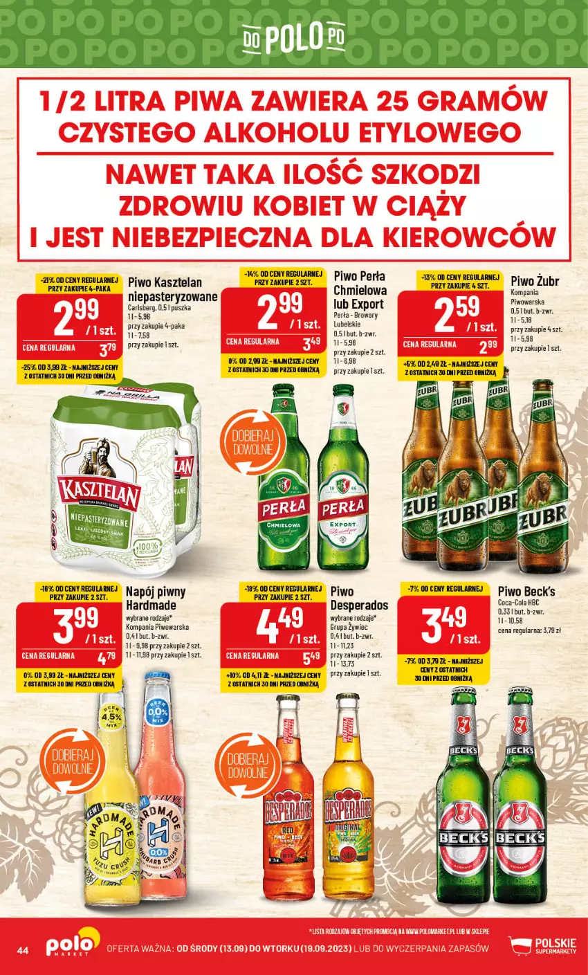 Gazetka promocyjna PoloMarket - Gazetka pomocyjna - ważna 13.09 do 19.09.2023 - strona 44 - produkty: Carlsberg, Coca-Cola, Desperados, Kasztelan, NBA, Perła, Piwo, Por