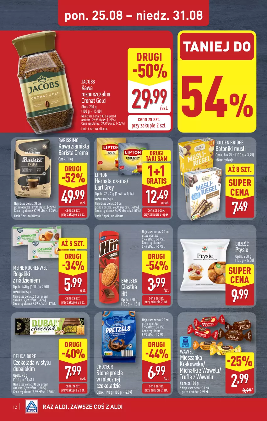 Gazetka promocyjna Aldi - Pełna oferta - ważna 25.08 do 31.08.2025 - strona 12 - produkty: Baton, Ciastka, Czekolada, Earl Grey, Gra, Herbata, Herbata czarna, Jacobs, Kawa, Kawa rozpuszczalna, Kawa ziarnista, Lipton, Michałki, Mus, Precle, Rogal, Tonik, Wawel