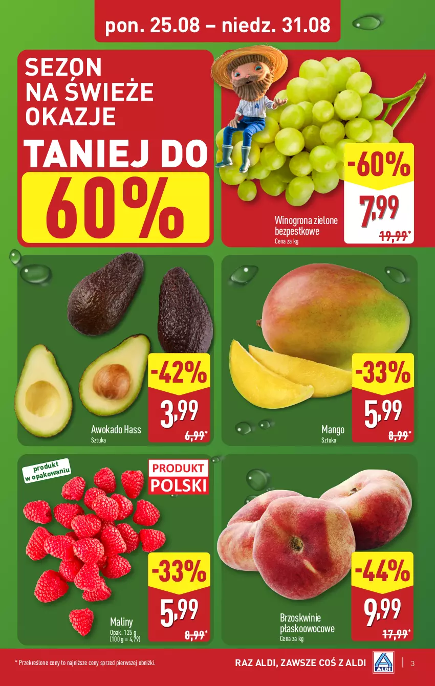 Gazetka promocyjna Aldi - Pełna oferta - ważna 25.08 do 31.08.2025 - strona 3 - produkty: Brzoskwinie, Maliny, Mango, Wino, Winogrona