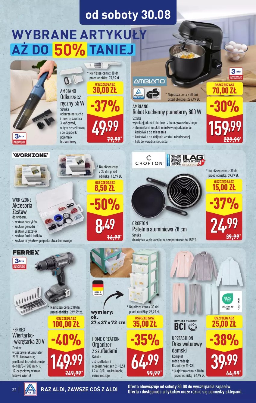 Gazetka promocyjna Aldi - Pełna oferta - ważna 25.08 do 31.08.2025 - strona 32 - produkty: Akumulator, Dres, Fa, Haczyk, Odkurzacz, Organizer, Patelnia, Piekarnik, Pojemnik, Robot, Sok, Tarka, Warka, Wkręt, Wkrętarka