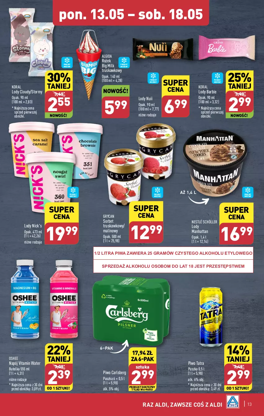 Gazetka promocyjna Aldi - Pełna oferta - ważna 13.05 do 18.05.2024 - strona 13 - produkty: Algida, Barbie, Big Milk, Carlsberg, Gra, Gry, LG, Lody, Napój, Nestlé, Oshee, Piwa, Piwo, Tatra